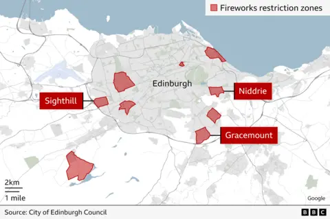 A map of Edinburgh with red areas highlighted to show the firework control zones. 
The areas in Edinburgh with firework bans highlighted in the map are: Niddrie, Balerno, Calton Hill, Seafield, Corstorphine, Moredun, Gracemount, Longstone and Sighthill.
Lines point to identify Niddrie, Gracemount and Sighthill on the map.

The source is City of Edinburgh Council.