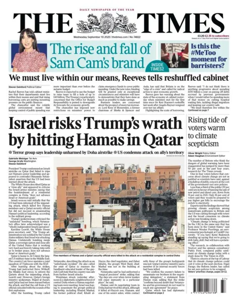 The headline on the front page of the Times reads: "Israel risks Trump's wrath by hitting Hamas in Qatar".