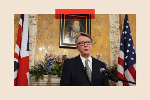Carl Court/Pool via REUTERS Britain's then ambassador to the United States, Peter Mandelson, speaking during a welcome reception for British Prime Minister, Keir Starmer, at the ambassador's residence on February 26, 2025, in Washington, D.C.
