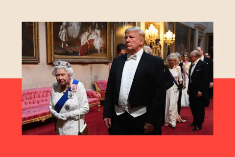 Victoria Jones/PA Wire Photo from June 2019 of Queen Elizabeth II, US President Donald Trump and the the then Prince of Wales arriving through Buckingham Palace's East Gallery during the State Banquet at Buckingham Palace, London, on day one of Donald Trump's first state visit to the UK