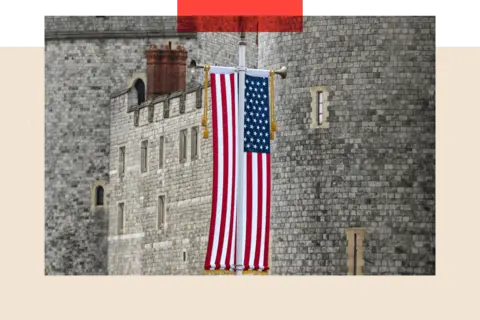 Mark Kerrison/In Pictures via Getty Images A Stars and Stripes flag is displayed outside Windsor Castle in advance of the second state visit to the UK of US President Donald Trump and First Lady Melania Trump on 11th September 2025 in Windsor, United Kingdom
