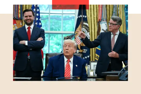 Jim Watson/AFP via Getty Images US President Donald Trump looks on as Lord Mandelson speaks during a trade announcement in the Oval Office of the White House in Washington, DC