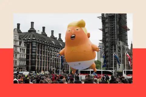 Getty Images Image of the inflatable effigy of Trump wearing a baby's nappy, pictured in a London street