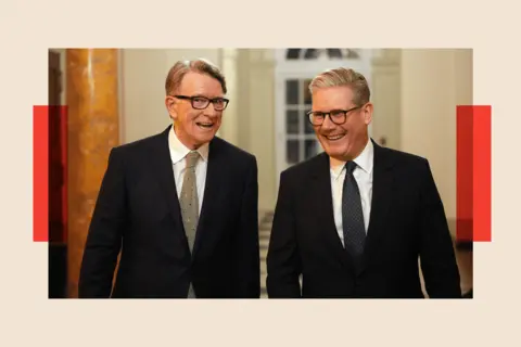 Carl Court/Getty Images British Prime Minister Keir Starmer (R) talks with Lord Mandelson 

