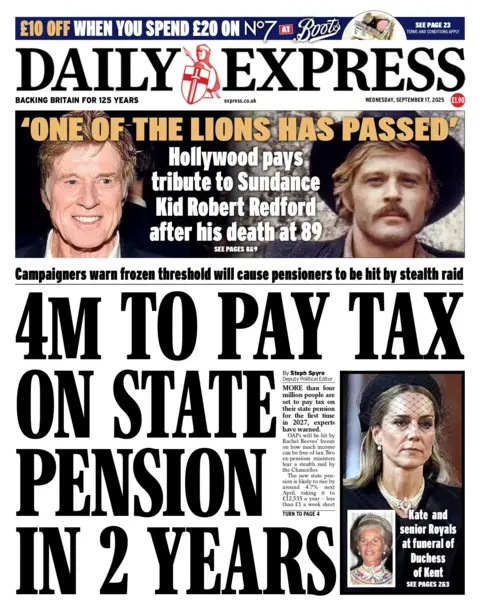 "4m to pay tax on state pension in two years" reads the headline of the Daily Express. 