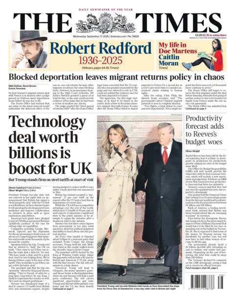 "Technology deal worth billions is boost for UK" reads the headline on the front page of The Times.