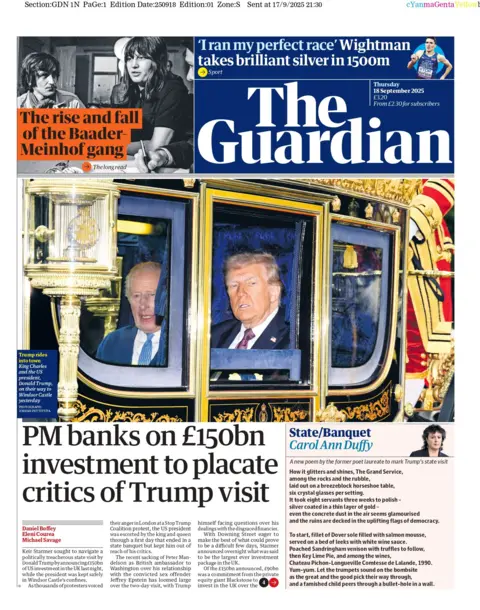 "PM banks on £150bn investment to placate critics of Trump visit" reads the headline on the front page of The Guardian.