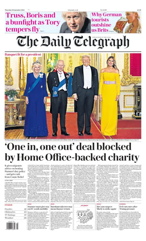 "'One in, one out' deal blocked by Home Office-backed charity" reads the headline on the front page of the Daily Telegraph.