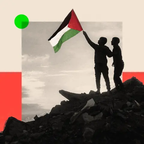 BBC  A boy runs with a Palestinian flag atop a mound of rubble at a camp