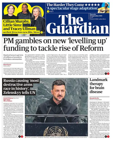 "PM gambles on new 'levelling up' funding to tackle rise of Reform" reads the headline on the front page of The Guardian.