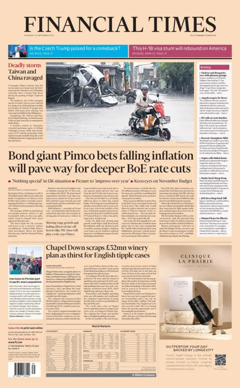 "Bond giant Pimco bets falling inflation will pave way for deeper BoE rate cuts" reads the headline on the front page of the Financial Times.