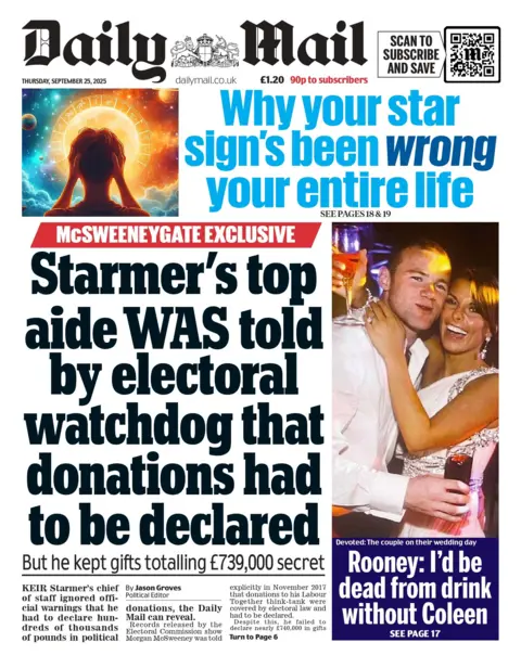 "Starmer's top aide was told by electoral watchdog that donations had to be declared" reads the headline on the front page of the Daily Mail.