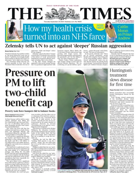 "Pressure on PM to life two-child benefit cap" reads the headline on the front page of The Times.