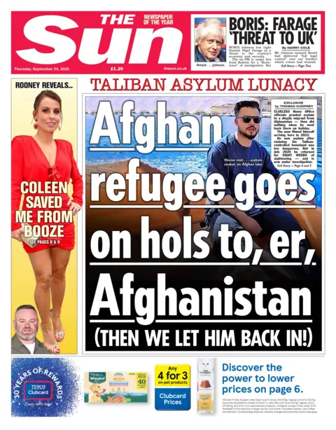 "Afghan refugee goes on hols to, er, Afghanistan" reads the headline on the front page of The Sun.