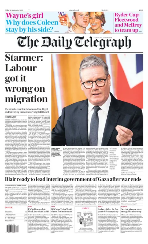 "Starmer: Labour got it wrong on migration" reads the headline on the front page of The Daily Telegraph.