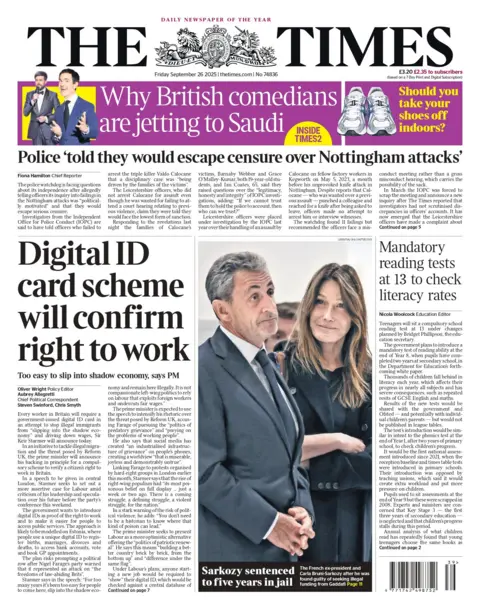 "Digital ID card scheme will confirm right to work" reads the headline on the front page of The Times.