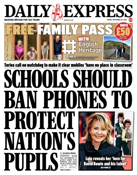 "Schools should ban phones to protect nation's pupils" reads the headline on the front page of The Daily Express.