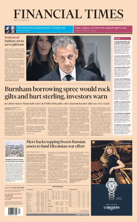 "Burnham borrowing spree would rock gilts and hurt sterling, investors warn" reads the headline on the front page of the Financial Times.