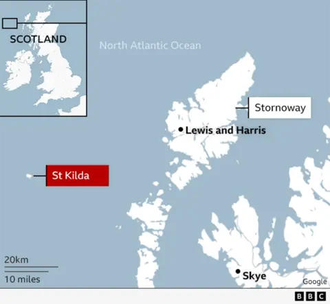 A map of Scotland and Western Isles. The map shows the locations of St Kilda, Lewis, Harris and Skye.