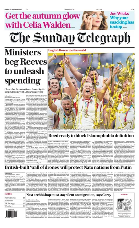 The headline on the front page of the Sunday Telegraph reads: “Ministers beg Reeves to unleash spending”.