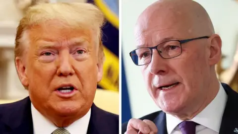 PA Media Donald Trump and George Swinney in a composite image. Trump, on the left, has ginger hair and is wearing a dark suit, white shirt and green tie. Swinney, who is bald and wearing glasses, is wearing a dark suit, white shirt and purple tie. They are both visible from the neck up.