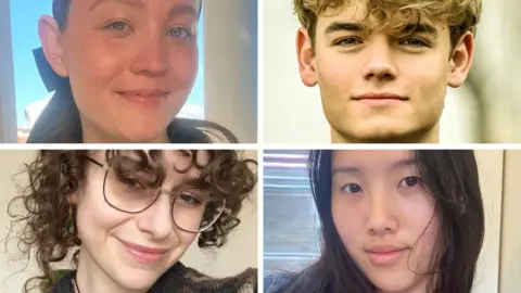 BBC A four-way split composite image shows clockwise from top left the faces of the four contributors Rebecca, Konstantin, Edith and Tian, all looking at the camera.