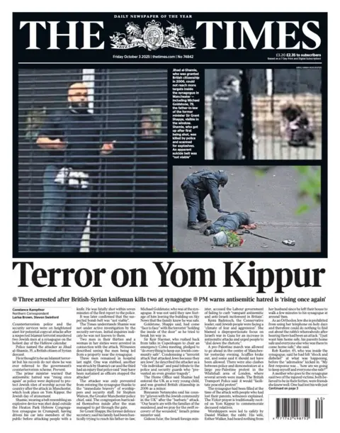 The headline on the front page of the Times reads: "Terror on Yom Kippur". 