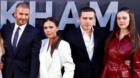 EPA (L-R) David Beckham, Victoria Beckham, Brooklyn Beckham and Nicola Peltz attend the Netflix 'Beckham' UK Premiere at The Curzon Mayfair on October 03, 2023 in London, England
