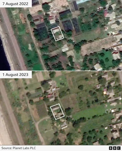 A graphic designed by the BBC's Mark Edwards shows two images, one on top of the other, of Vitaly's childhood home pictured via satellite in August 2022 and August 2023. The later image shows there is a new path leading to the house, evidence of Russian use of the property