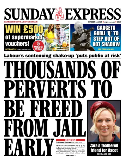 "Thousands of perverts to be freed from jail early" reads the headline on the front page of the Sunday Express.