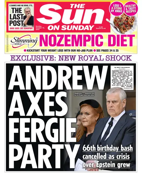 "Andrew axes Fergie party" reads the headline on the front page of The Sun.