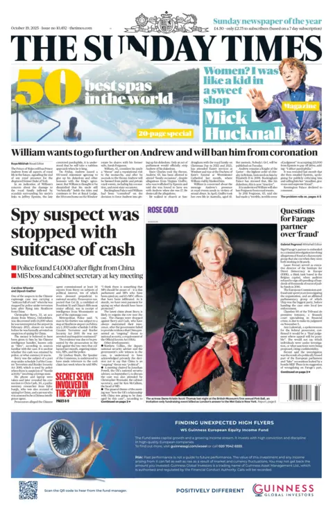 "Spy suspect was stopped with suitcase of cash" reads the headline on the front page of The Sunday Times.