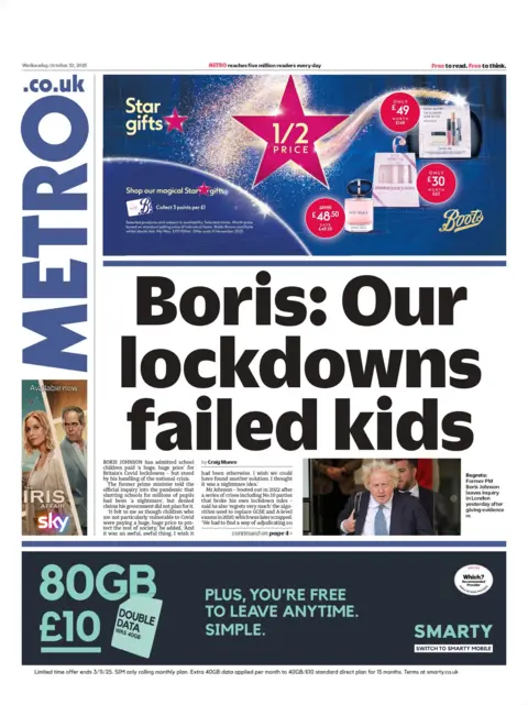 "Boris: Our lockdowns failed kids" reads the headline on the front page of Metro.