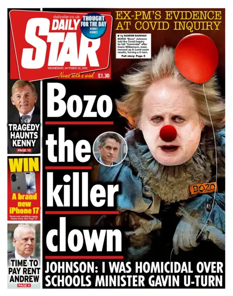"Bozo the killer clown" reads the headline on the front page of the Daily Star.