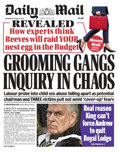 "Grooming gangs inquiry in chaos" reads the headline on the front page of the Daily Mail.