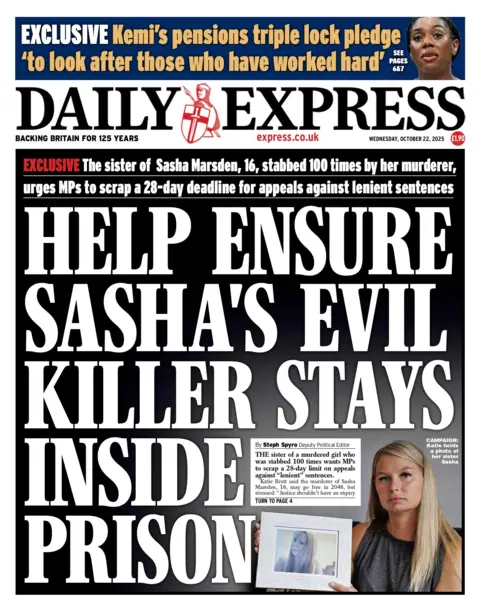 "Help ensure Sasha's evil killer stays inside prison" reads the headline on the front page of the Daily Express.