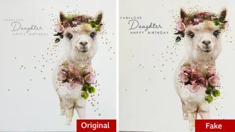 BBC/Lola Design Two versions of the same design of birthday card with the one on the left marked as original and the one on the right marked as fake. The card shows a painting of a fluffy white alpaca with a floral headband on and holding flowers. The card text says fabulous daughter happy birthday. The fake card is darker and the brush strokes, texture and gilding are lost.