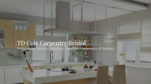 TD Cole A screenshot of Mark Killick's website. It shows a sleek design with a bright modern kitchen as the backdrop, and thin white letters which read 'TD Cole Carpentry Bristol. Professional Kitchen Designers, Installers, Carpenters & Builders'.