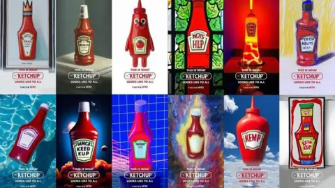 Heinz Creative An advert showing two rows of six red tomato ketchup bottles created by artificial intelligence.