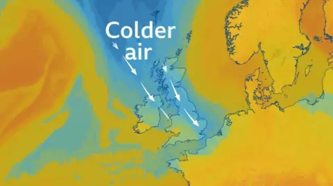 Airmass chart showing cold air (represented by the blue colours) spreading down from the arctic across the UK