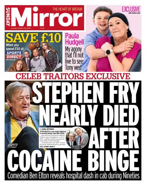 The headline on the front page of the Sunday Mirror reads: "Stephen Fry nearly died after cocaine binge". 