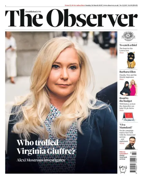 The headline on the front page of the the Observer reads: "Who trolled Viriginia Giuffre?"