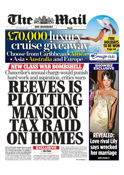 The headline on the front page of the Mail on Sunday reads: "Reeves is plotting mansion tax raid on homes". 