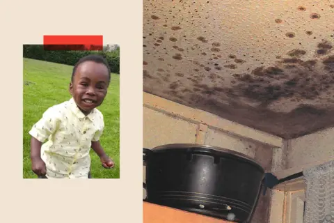 Getty Images Collage of a photo of Awaab and a photo of mould in his home
