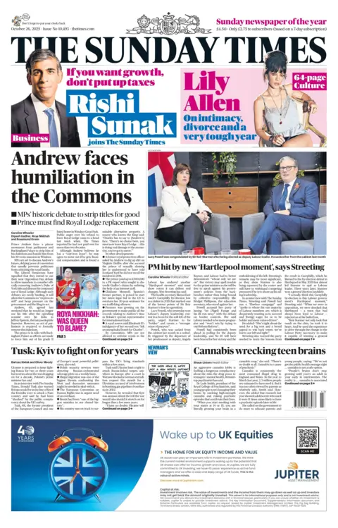 The headline on the front page of the Sunday Times reads: "Andrew faces humiliation in the Commons". 