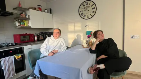 Ella Murray Ella Murray and her flatmate Maisy sit at a kitchen table which has a blue tablecloth. Both are smiling. The table is close to a set of kitchen cabinets and an over and hobs. There is a large, wall-mounted clock on one wall.
