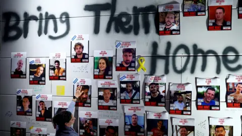 Reuters Pictures of the hostages on posters stuck onto a wall.