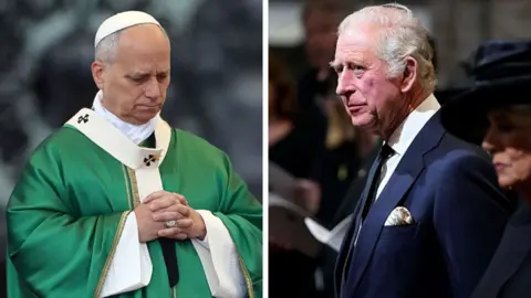 Getty Images Composite image of Pope Leo, in a pose of prayer with hands clasped while wearing green and white vestments, and King Charles standing in a dark blue suit, white shirt and dark tie
