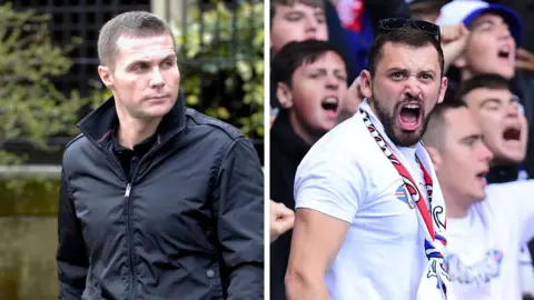 Spindrift/Getty Composite image of two men. Steven Lyons has cropped brown hair and is wearing a black jacket with the collar turned up. He is looking off to the left with a serious expression on his face. Ross McGill, who is wearing a tight white t-shirt and a red scarf, roars at a football match with a crowd in the background.
