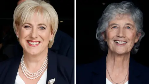 PA Media A composite photo of Heather Humphreys, she has light hair and is wearing a navy blazer with white top and necklace, and Catherine Connolly, she has grey hair and is wearing a navy blazer with white top and necklace
